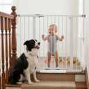 Mumeasy 36" Extra Tall Dog Gate, Auto Close Baby Gate for Stairs Doorways, 29.7-46" Wide Walk Thru Child Safety Gate for House, Easy Install Pressure Mounted Metal Pet Gate with Door, White