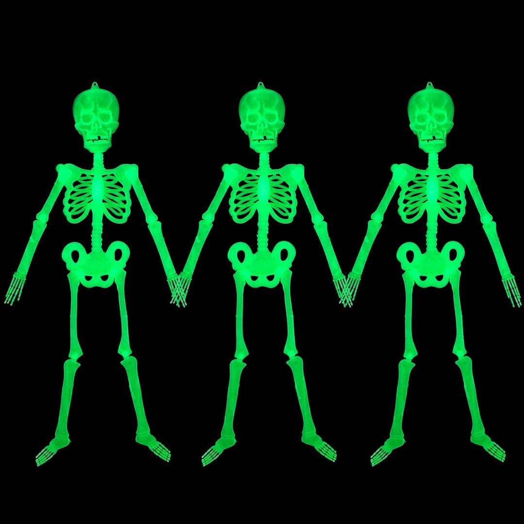 3 Pack Halloween Luminous Skeleton Decorations 5ft Full Body Glow-in-The-Dark Skeleton Rotatable Skeleton Hanging Decors for Halloween Party Haunted House Outdoor Decor (3 Pack 5ft Skeleton)