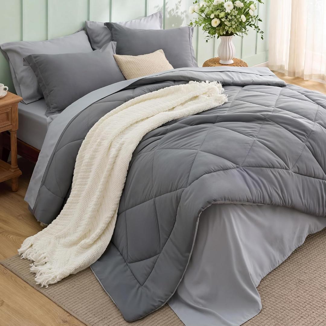 Bedsure Queen Bed in a Bag Reversible Bed Set 7 Pieces Grey/Light Grey