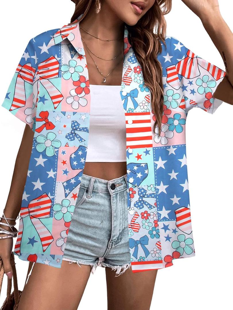 QLIPIN Hawaiian Shirt for Women Floral Tropical Button Down Shirts Summer Beach Blouse Hawaii Button Up Short Sleeve Top (Blue, L)