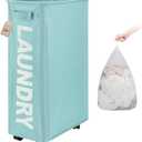 TOTANKI 29" Large Slim Rolling Laundry Basket on Wheels with Removable Bag, Foldable Laundry Hamper with Handle, Collapsible Laundry Sorter and Organizer, Tall Storage Basket Bin (Light Blue)
