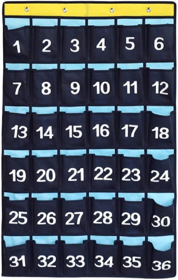 Numbered Pocket Chart Over Door Hanging Classroom Organizer for Cell Phones Calculators Holders Blue (36 POCKETS)