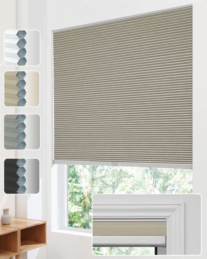 No Drill Cellular Shades, Trim-to-Fit Blackout Cordless Honeycomb Blinds, 34.5"W x 64"H