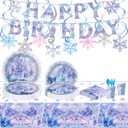 Winter Wonderland Party Tableware Set,Blue and Purple Snowflake Castle Plates,Disposable Snowflake Tableware Set,For Christmas Winter Wonderland Birthday Party Decorations