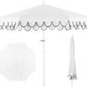 JONATHAN Y UMB1002D Tracy 9 ft. Classic MidCentury Scalloped Fringe Market Patio Umbrella with Auto-Tilt, Crank, Wind Vent and UV Protection in White/Black