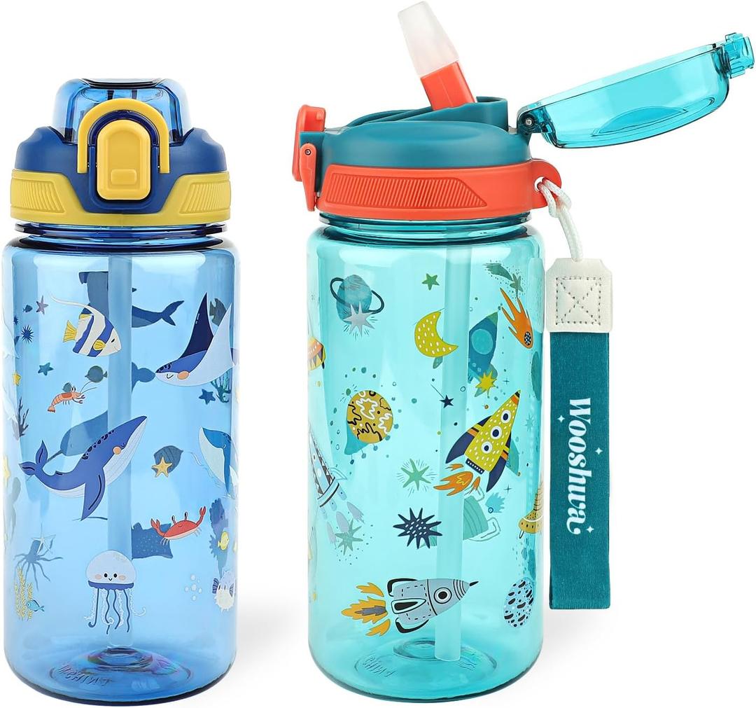 wooshwa Kids Water Bottle for School or Travel, 20 Oz 2 Pack Durable Plastic Water Bottle with Silicone Straw and Pop-Up Spout Cover, BPA Free & Dishwasher Safe(Rocket & Ocean Animals)