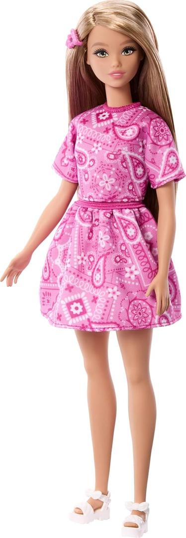 Barbie Fashionistas Style Doll #249 with Blonde Hair, Wearing Pink Paisley Skirt, Pink Paisley Shirt, White Platform Sandals