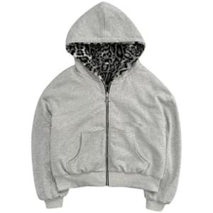 Ponitrack Vintage Leopard Print Jacket Y2k Reversible Zip Up Jacket Baggy Long Sleeve Hoodie Grunge Streetwear Unisex (Grey,Medium)