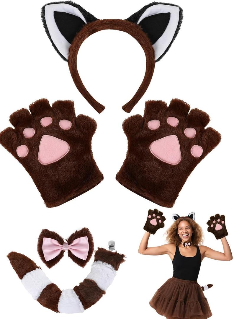 Cat Halloween Costume Accessory 5 Pcs Set with Ears Headband Paws Gloves Bow Tie Tail for Adults Animal Costume Bear,Mouse