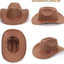 AQOKKA Western Cowboy Hats for Women Classic Felt Wide Brim Fedora Hat with Belt Buckle Retro Panama Hat Unisex Rolled up Cap