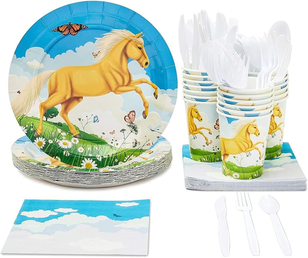 Juvale Horse Theme Party Supplies Tableware Set - 144-Piece Serves 24 White & Blue - Horse Party Plates & Napkins, Cups & Cutlery