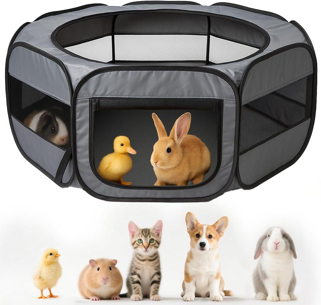 UWE Extra Large Small Animal Playpen, XL Portable Pet Playpen for Rabbit, Kitten, Guinea Pig, Hamster, Puppy  Waterproof Foldable Mesh Tent with Zipper Cover, Indoor Outdoor Use, Dark Grey