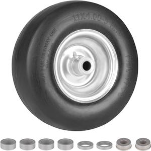 11x4.00-5 Flat Free Solid Smooth Lawn Mower Tires on Wheel w/Silvery Steel Rim Fits Universal Zero-Turn Lawn Mowers -3.4"-4"-4.5"-5" Centered Hub,Bore ID: 3/4" or 5/8" with Adjustment Spacers