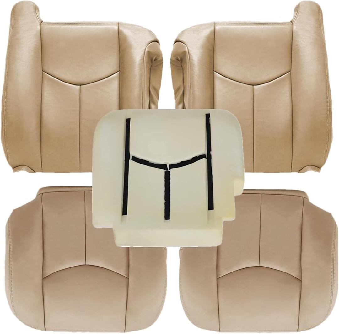 SecosAutoparts Driver & Passenger Bottom & Top Lean Back & Driver Foam Replacement Leather Seat Covers Tan# 522 Compatible with Chevy Tahoe Suburban Silverado Avalanche GMC Sierra 2003 2004 2005 2006