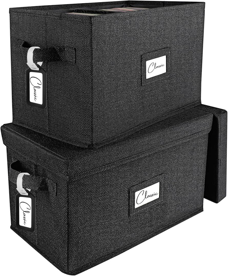 Woodoulogy Vinyl Record Storage Box Set of 2  for 7"/45 RPM LPs, Black Case with Lid Holds up to 160 Albums, CD Crate Play Music Holder, File Folder Cabinet Organizer Case with Handle