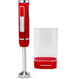 OVENTE Cordless Immersion Hand Blender, Rechargeable Handheld Portable Stick Mixer with 8 Mixing Speed Option, One-Touch Control and Stainless Steel Blades for Smoothies, Shakes or Soups, Red HR781R