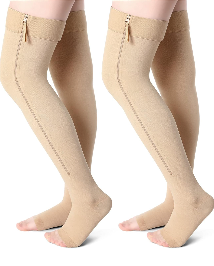 2 Pairs Open Toe Thigh High Zipper Compression Socks 20-30 Mmhg Zipper Compression Stockings Thigh High for Women Men 2XL