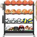 Adjustable Basketball Rack with Wheels, 4-Tier Sports Ball Storage Cart for Basketball Football Volleyball Soccer & More, Holds up to 20 Balls