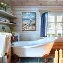 Framed Blue Ocean Beach Canvas Wall Art Coast Seashell Starfish painting Decor Pictures Blue Seaside White Daisy Posters Prints for Modern Coastal Themed Home Decoration Bathroom Room Decoration (10"L x 8"W)