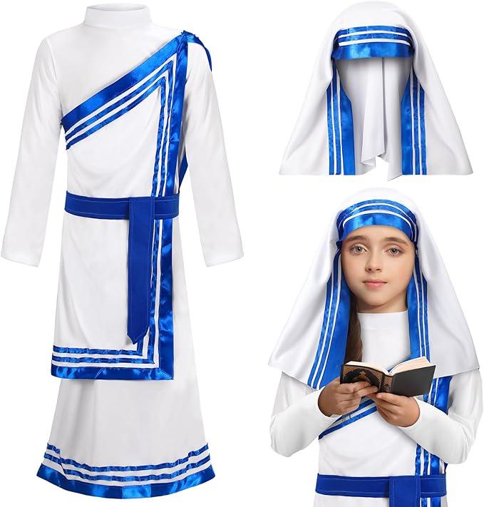 Skicuff Mary Costume Set Girls Saint Costume Dress Christian Bible Nun Dress for Cosplay(Size S)
