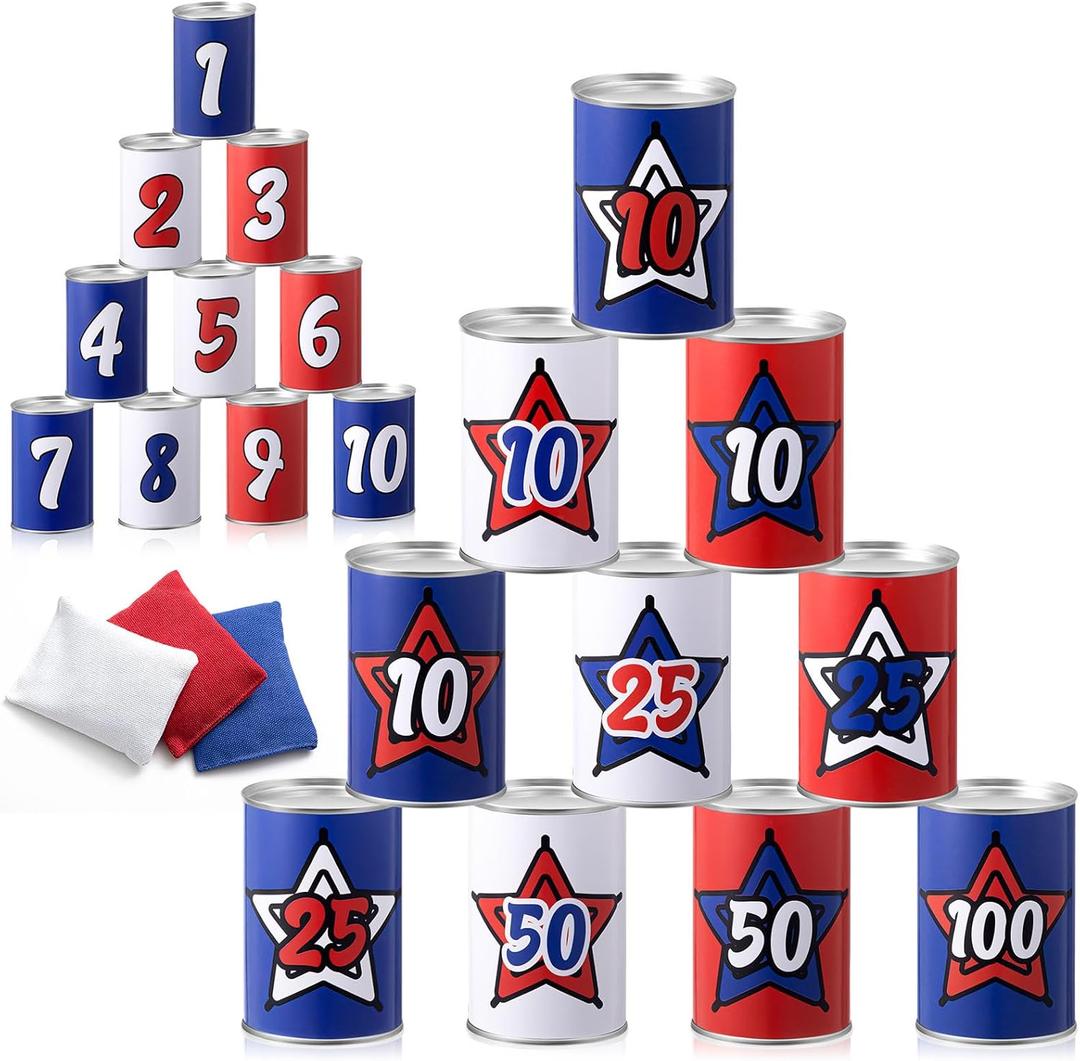Libima 13 Pcs Festival Game Carnival Party Bean Bag Toss Sturdy Knockdown Outdoor Can Party Game with 10 Tin Cans and 3 Bean Bags for Outdoor and Indoor (Red White Blue,Independence Day)