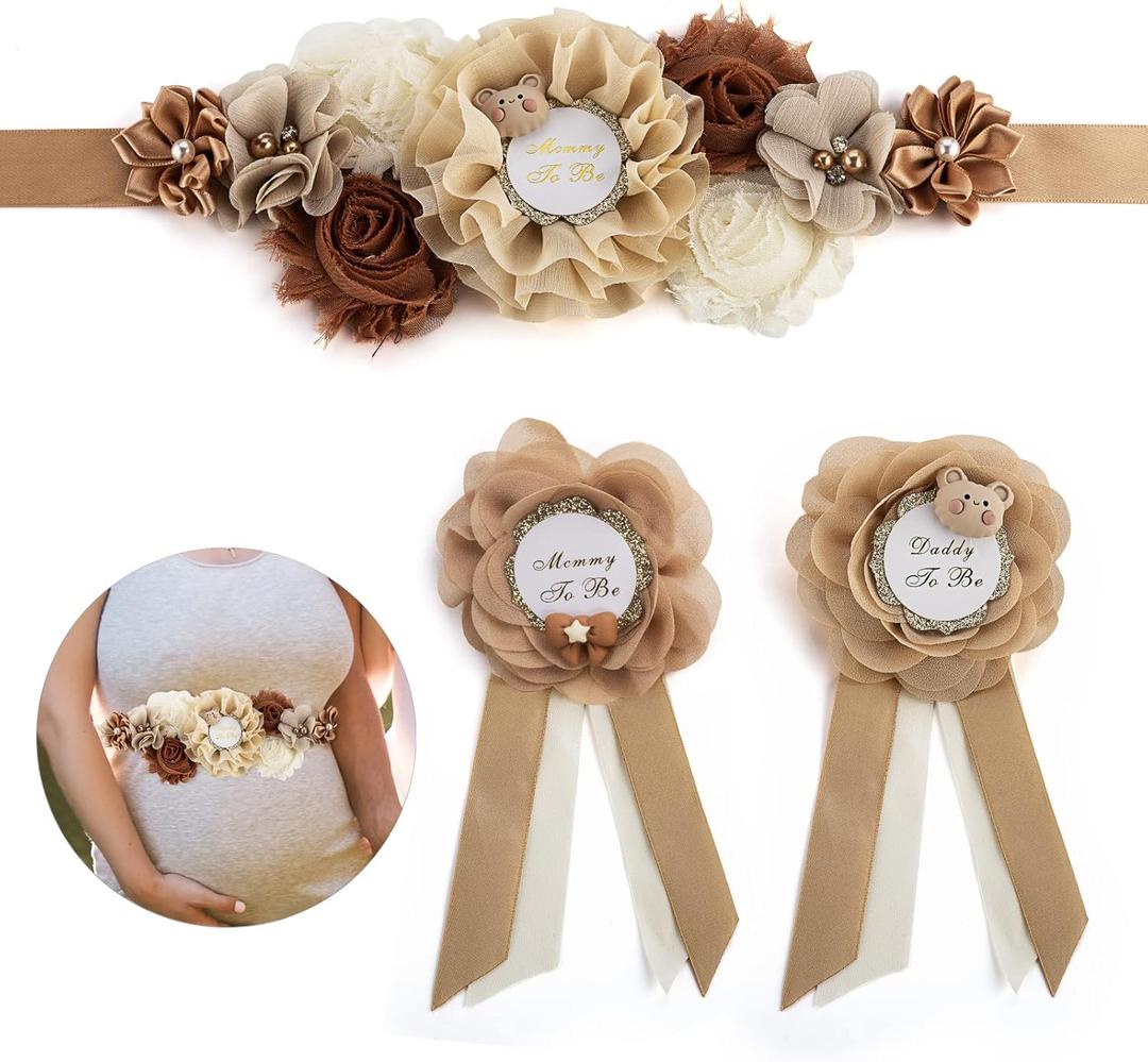 Mommy to Be Sash, 3PCS Teddy Baby Shower decorations favors for Girl - Mom to be sash shower for Boy, Brown Teddy Photo Props Gift