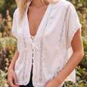 Women Boho Crop Lace Tie Front Tank Summer Vacation Top Button Down Short Sleeve Beach Shirt Y2k Tops Clothes 2026 (White)
