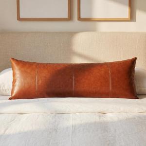 Tegeme 1 Pcs Faux Leather Long Pillow Cover 14 x 36 Inch, Boho Lumbar Decorative Throw Pillow Cover Hand Stitched Stylish Pillowcase Cushion Case for Bedroom Sofa Bench Farmhouse Room Decor(Brown)