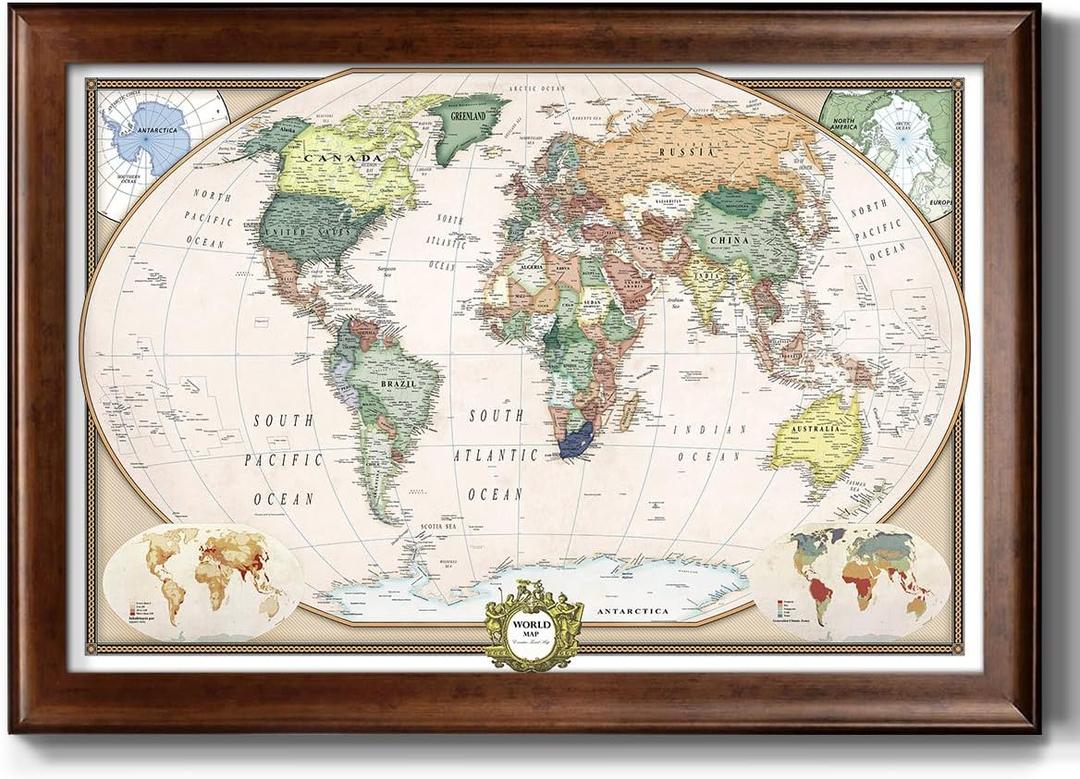 Renditions Gallery Colorful World Map Canvas Wall Art with Walnut Frame Wall Hanging Travel Map with Push Pins for Home, Office, Classroom