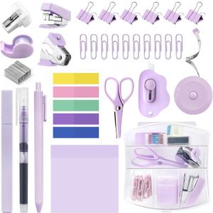 Mini Office Supply Kit, Mini Stapler with Staples and Tape Dispenser Set, Mini Stationary Kit Includes Sticky Notes Index Tabs Highlighters Gel Pens for Office & School Supplies (Purple)