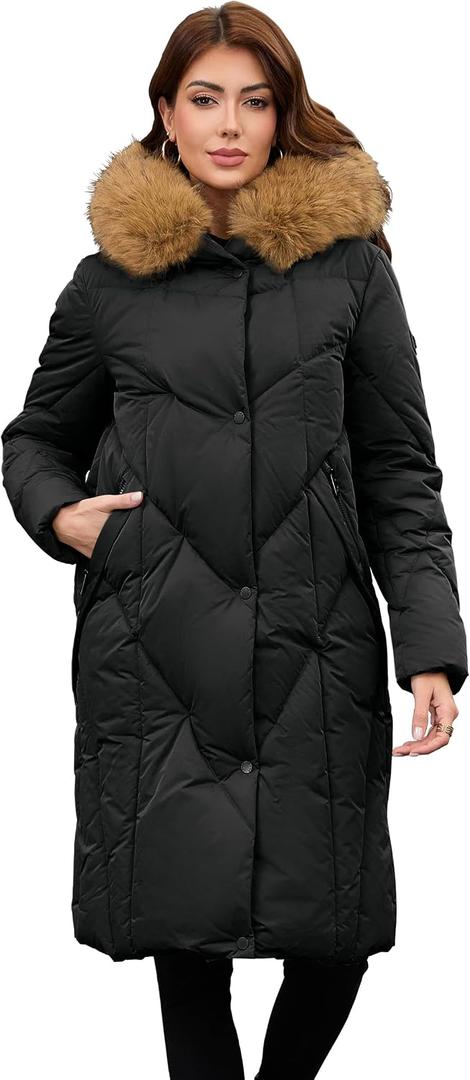 PAPILLON D'OR WEAR YOUR WINGS Women's Long Puffer Coat - Detachable Faux Fur Collar Diamond Quilted Winter Jacket (Black, XL)