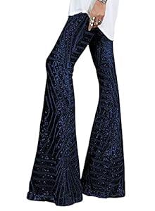 BLENCOT Women's Glitter Sequin Wide Leg Palazzo Pants High Waist Bell Bottoms Night Club Flared Trousers Navy Blue S