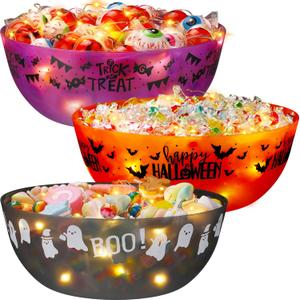 Tioncy 3 Pcs Halloween Candy Bowl and 3 Pcs Light 9.45'' Large Outdoor Candy Bowls for Porch with Bat Ghost Plastic Serving Dishes for Food Chip Dip Halloween Party Supplies Decor Treats