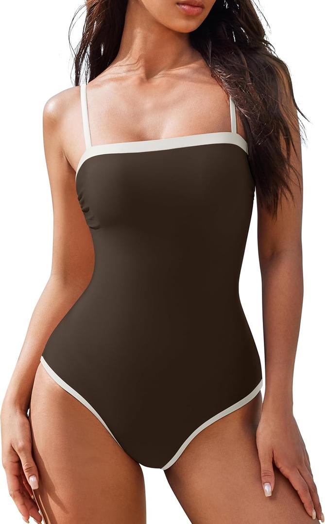 SUUKSESS Women One Piece Tummy Control Swimsuit Sexy Color Block Bathing Suit (Large, Brown)