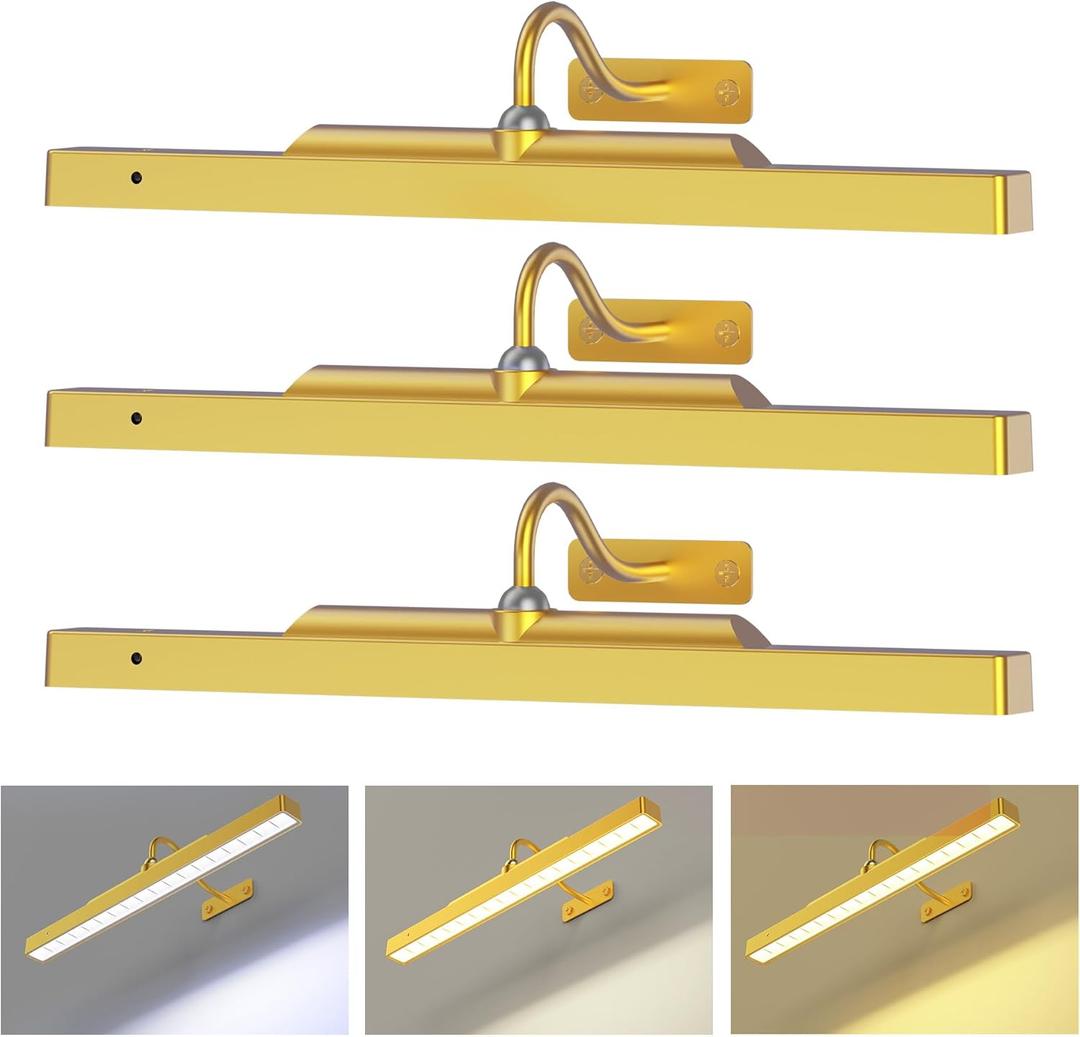 Picture Light 3Pack- 16in Picture Lights for Wall, 5000mAh Wireless Rechargeable Battery Picture Lights, Wall Light, Art Display Light for Gallery Artwork, Paintings, Portraits, Dartboards- Gold