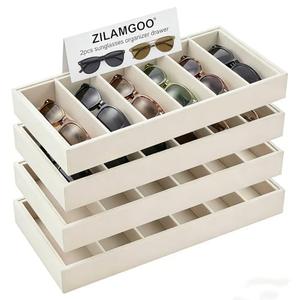 ZILAMGOO 4 Pcs Velvet Glasses Storage Trays – 6-Grid Sunglasses Holder Drawer – Stackable Eyewear Display Organizer for Women, Beige