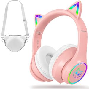LOBKIN Bluetooth 5.4 Kids Headphones with Case - RGB LED Light Up Cat Ears Foldable Adjustable Over Ear Headphone Support Wireless or 3.5mm Wired Mode for Toddler & Girls & Boys Teens (Pink)