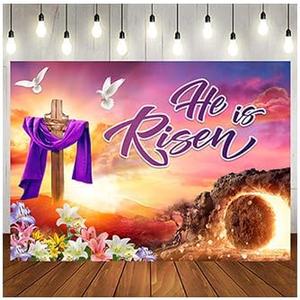 LTLYH 8x6ft Easter Day Decorations - He is Risen Backdrop & Banners for Church - Large Fabric Easter Cross Religious Background for Spring Party Decorations