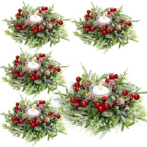 Lyrow 4 Pcs Christmas Candle Rings Wreath Xmas Kitchen Cabinet Mini Wreath Artificial Berries Snowy Pine Candle Ring Holder for Christmas Chandelier Home Table Centerpiece Indoor Decor