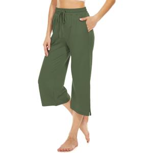 BATHRINS Womens Wide Leg Capri Pants Drawstring Loose Sweatpants Comfy Lounge Pajama Capris with Pockets (Large, Army Green)