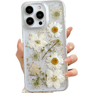 for iPhone 13 Pro Max Clear Case with Pressed Real Flowers Design,Glitter Cute White Floral Pattern Slim Soft TPU Protective Women Girl's Phone Cover for iPhone 13 Pro Max