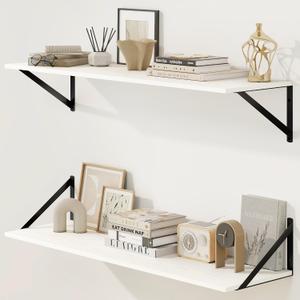 Fun Memories Deep Floating Shelves for Wall, 36W x 8D Wall Mounted Shelves Set of 2, Wide Display Ledge Shelf with Sturdy Metal Brackets for Living Room, Bathroom, Bedroom and Kitchen, White