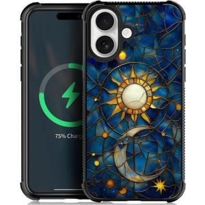 for iPhone 17 Case,Moon Stars Celestial Glass Design[Compatible with MagSafe],All-Round Protection Shockproof Anti-Scratches TPU Cover,Cases for Woman Man
