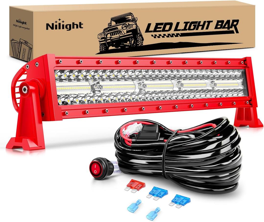 Nilight LED Light Bar 22Inch Triple Row Spot Flood Combo Lights Red Shell with Wiring Harness Kit for Fog Driving Work Lighting on Off-Road Truck SUV ATV UTV