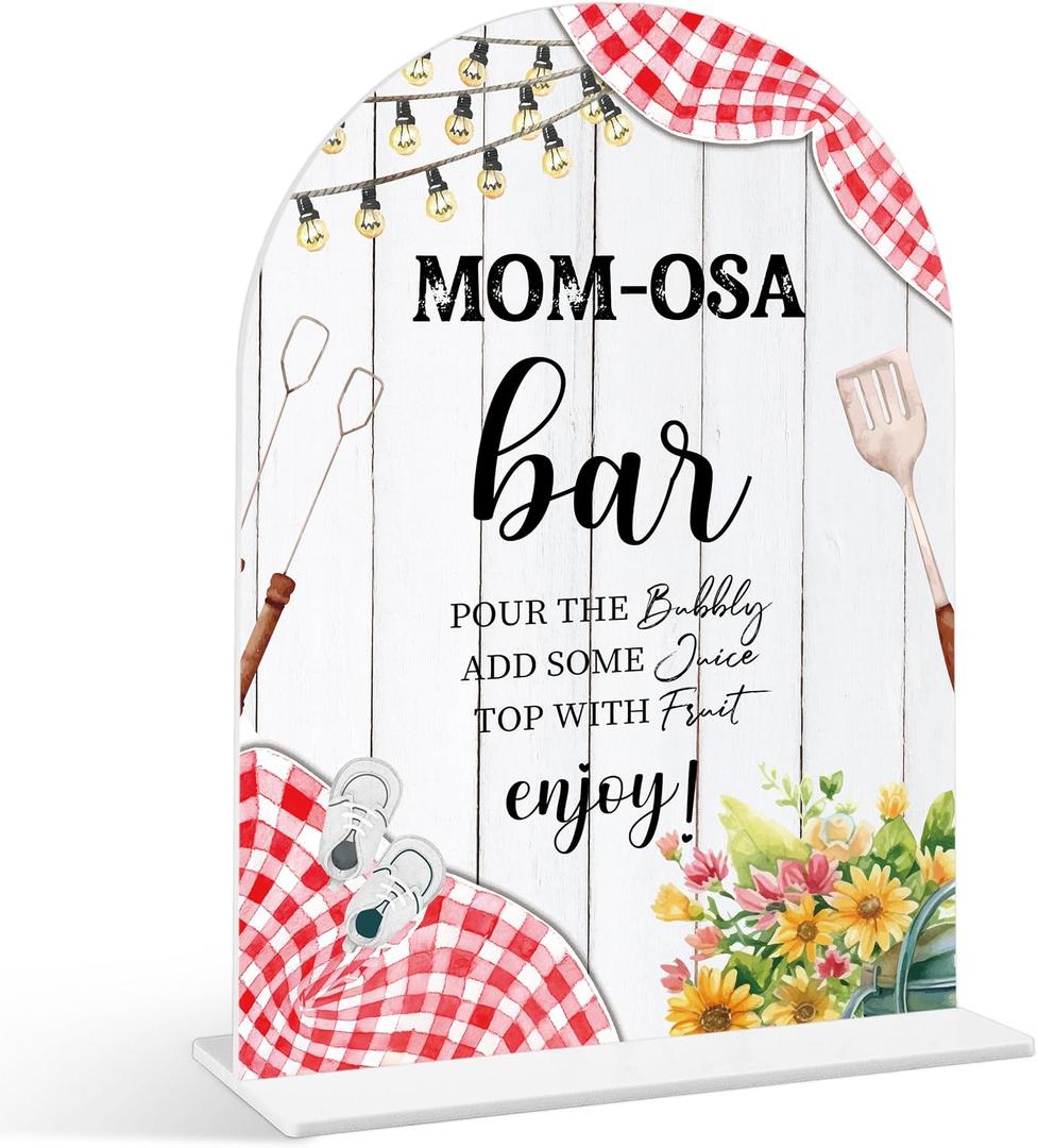Mom-osa Bar Sign - BBQ Baby Shower Sign, 1 Pack Arch Acrylic Sign with Stand, Gender Reveal Party Table Decor, Backyard Baby Shower Supplies (SE42)