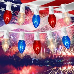 4th of July Lights Outdoor - Red White and Blue Lights, 27.8Ft C7 Patriotic String Lights, for Memorial Day & 4th of July Decorations for Home Party Yard & Any Patriotic Decorations (25+3 Bulbs)