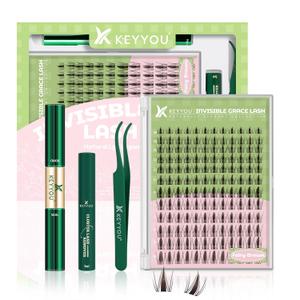 KEYYOU Fairy Brown Lash Clusters Kit Lash Extension Kit D Curl 144Pcs Eyelash Extension Kit Wispy Natural Invisible Band Lash Kit with Waterproof DIY Lash Extension Kit at Home