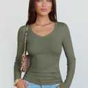 ANRABESS Long Sleeve Shirts for Women V Neck Ribbed Knit Fitted Fall Basic Tshirts Going Out Tops 2026 Casual Trendy Clothes (Green, S)