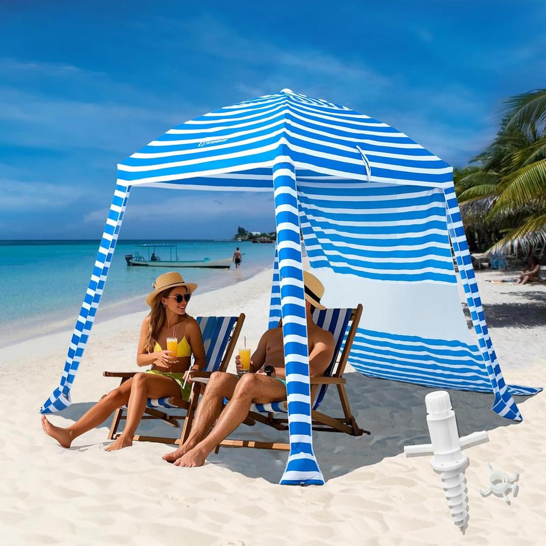 Grandekor Upgraded 6'6' Pop Up Beach Canopy Tent for Family & Kids UPF 50+ Sun Shelter for Pool Camping with Sand Anchor Sidewall Bold Blue White Stripe