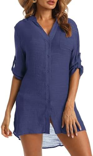 JACWERA Swimsuit Coverup for Women 2024, V-Neck Beach Button Down Bikini Cover Ups Knee-Above Shirt Tops, Navy Blue S
